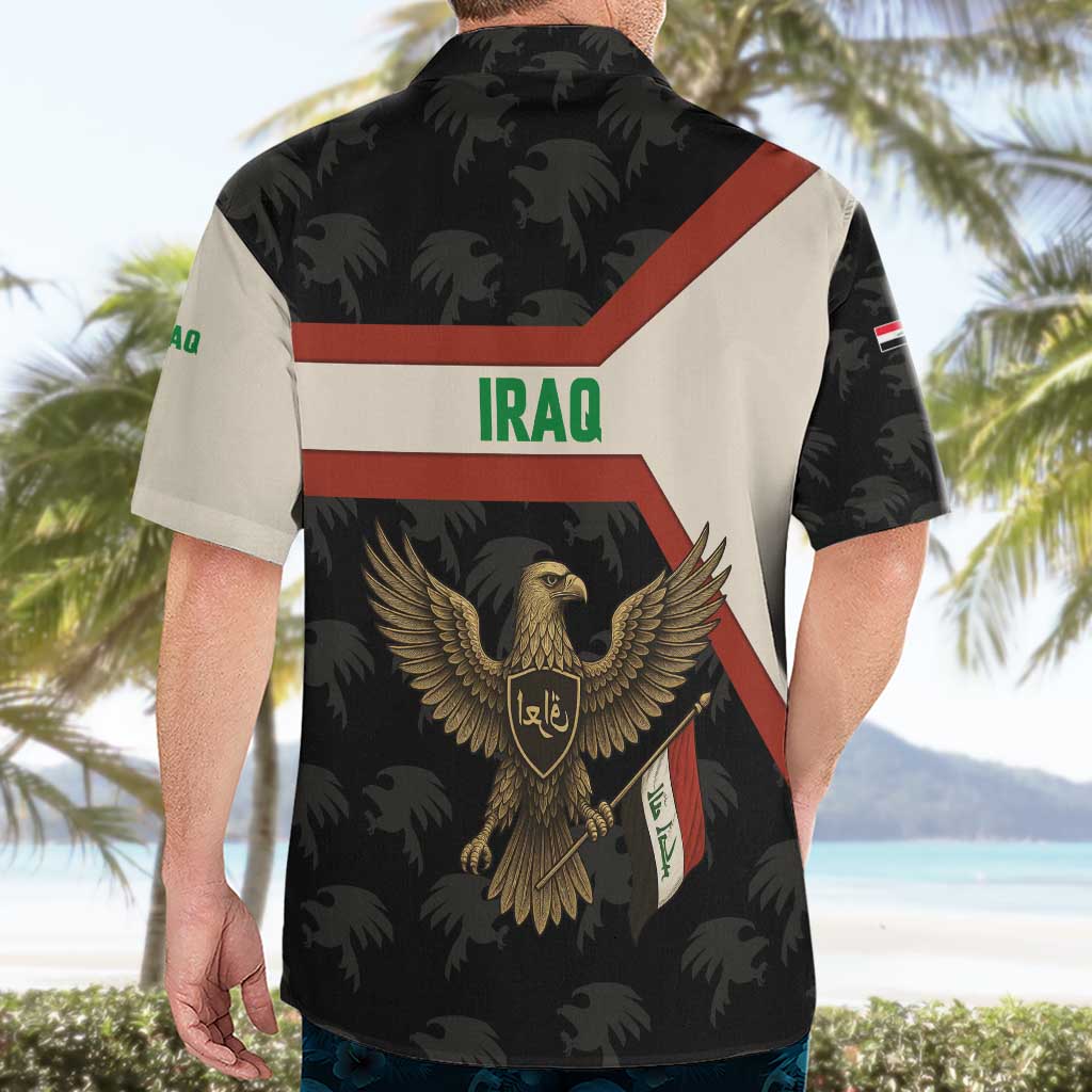 Iraq Golden Eagle Emblem Hawaiian Shirt with Flag Stripes and National Arabic Script Design - Wonder Print Shop