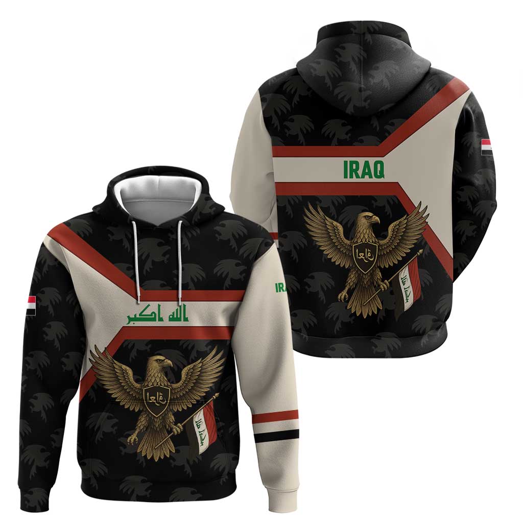 Iraq Golden Eagle Emblem Hoodie with Flag Stripes and National Arabic Script Design - Wonder Print Shop