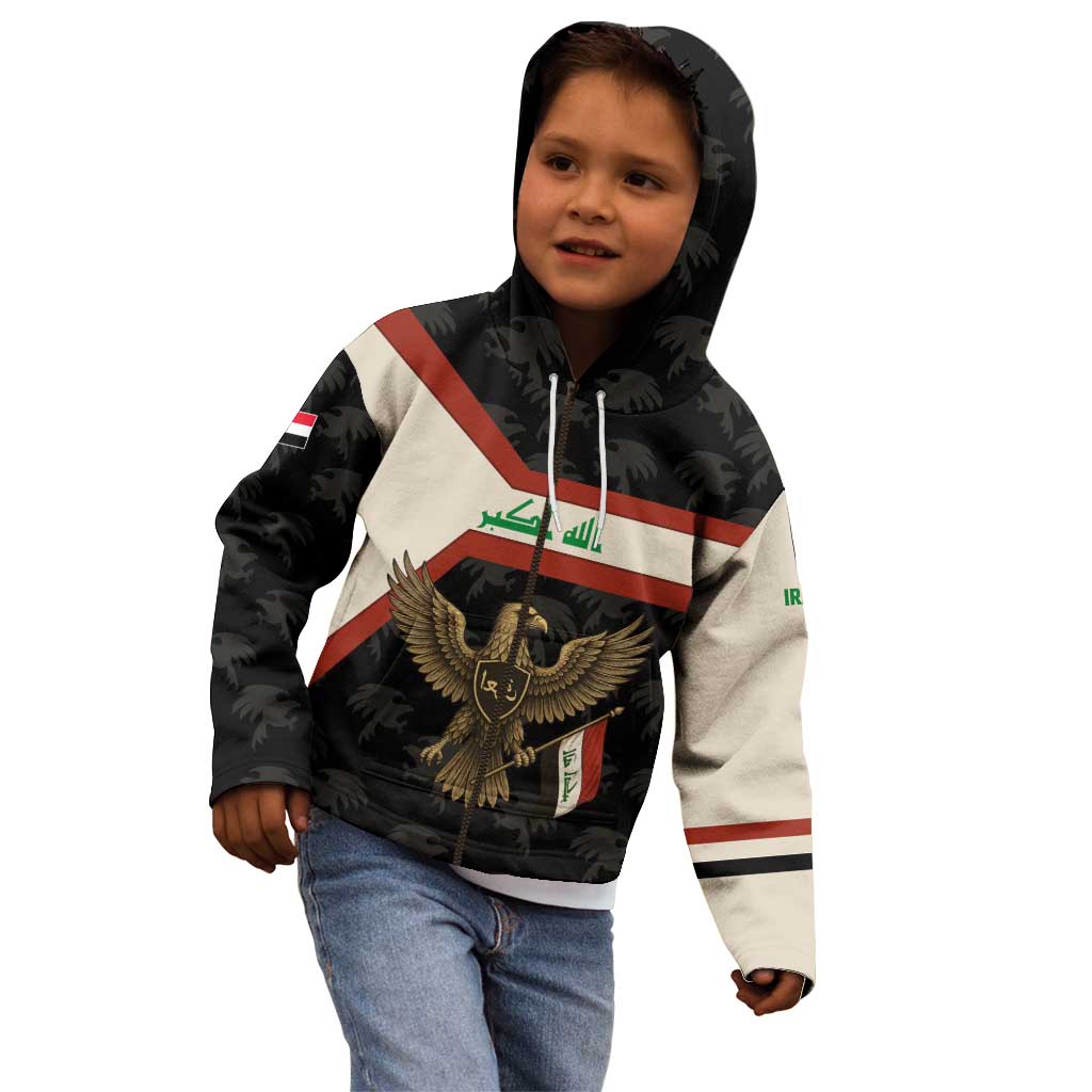 Iraq Golden Eagle Emblem Kid Hoodie with Flag Stripes and National Arabic Script Design - Wonder Print Shop