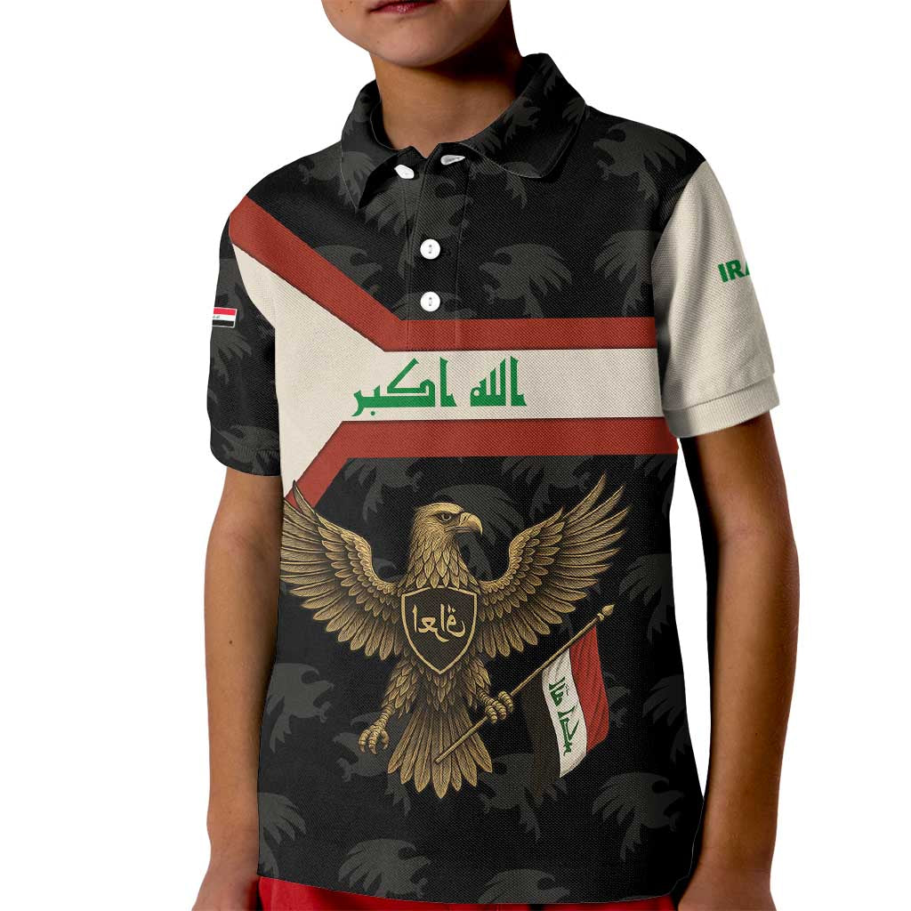 Iraq Golden Eagle Emblem Kid Polo Shirt with Flag Stripes and National Arabic Script Design - Wonder Print Shop