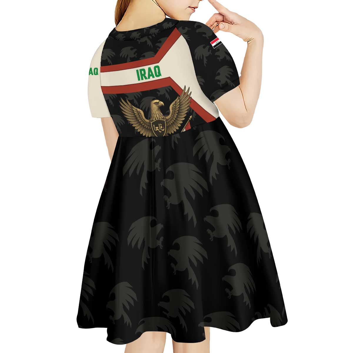 Iraq Golden Eagle Emblem Kid Short Sleeve Dress with Flag Stripes and National Arabic Script Design - Wonder Print Shop