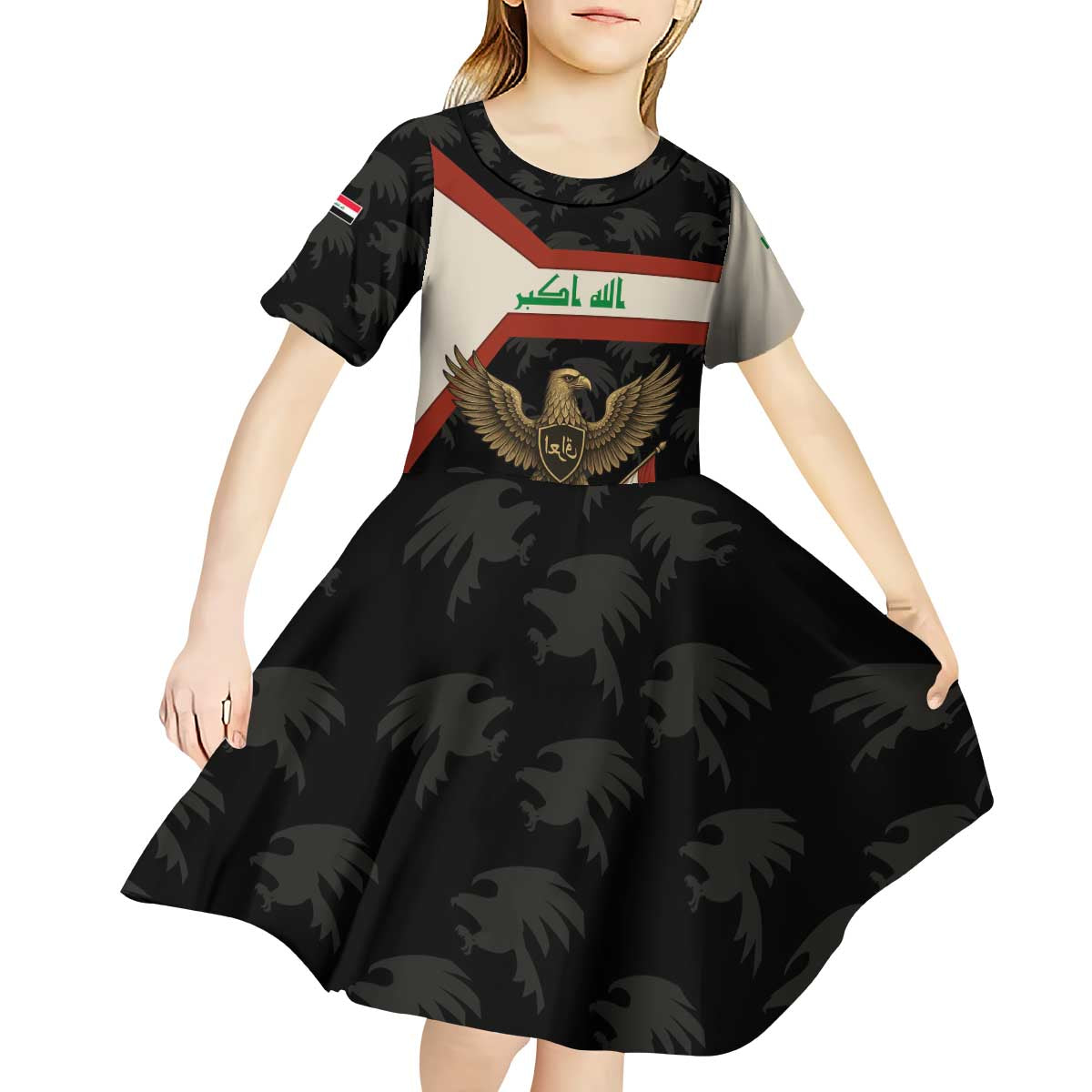 Iraq Golden Eagle Emblem Kid Short Sleeve Dress with Flag Stripes and National Arabic Script Design - Wonder Print Shop