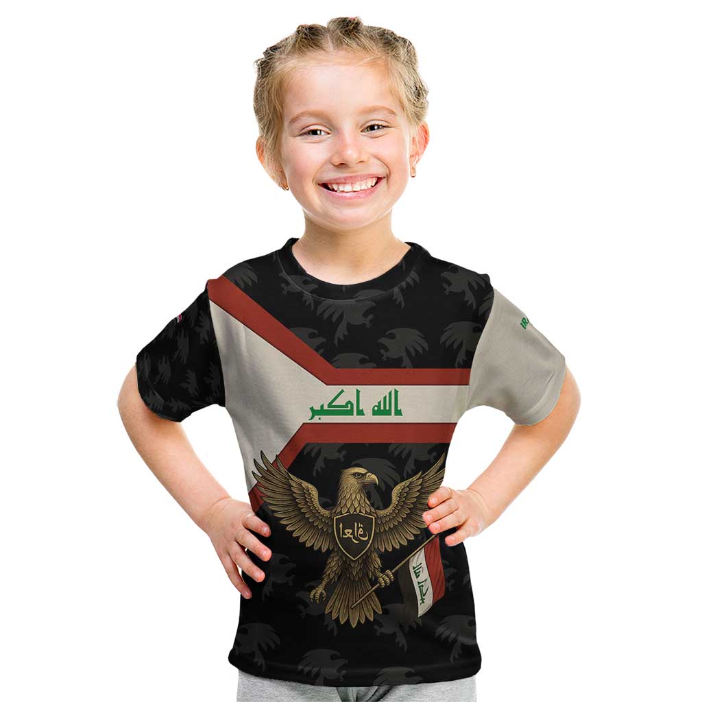 Iraq Golden Eagle Emblem Kid T Shirt with Flag Stripes and National Arabic Script Design - Wonder Print Shop