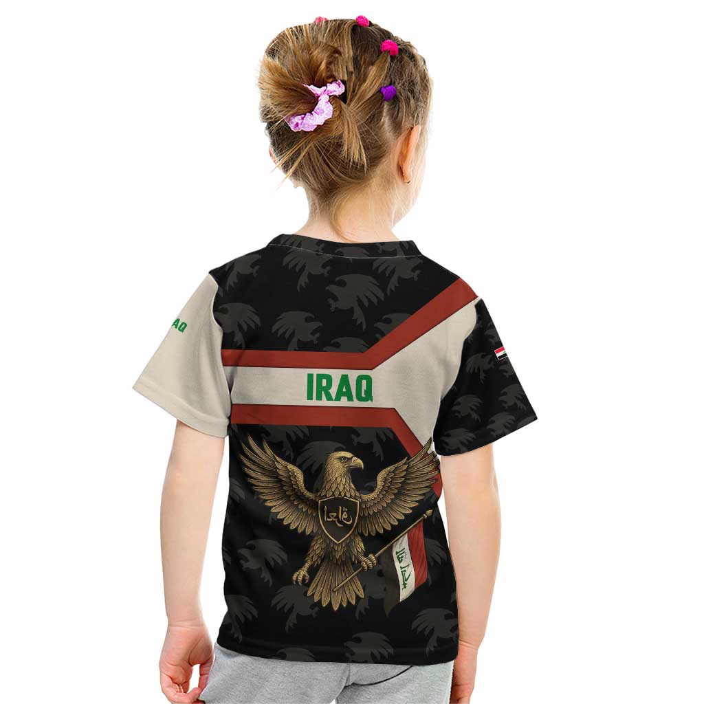 Iraq Golden Eagle Emblem Kid T Shirt with Flag Stripes and National Arabic Script Design - Wonder Print Shop