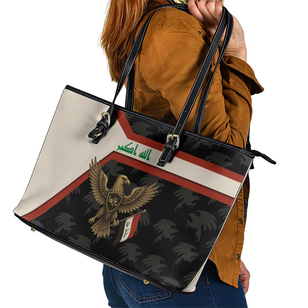 Iraq Golden Eagle Emblem Leather Tote Bag with Flag Stripes and National Arabic Script Design - Wonder Print Shop