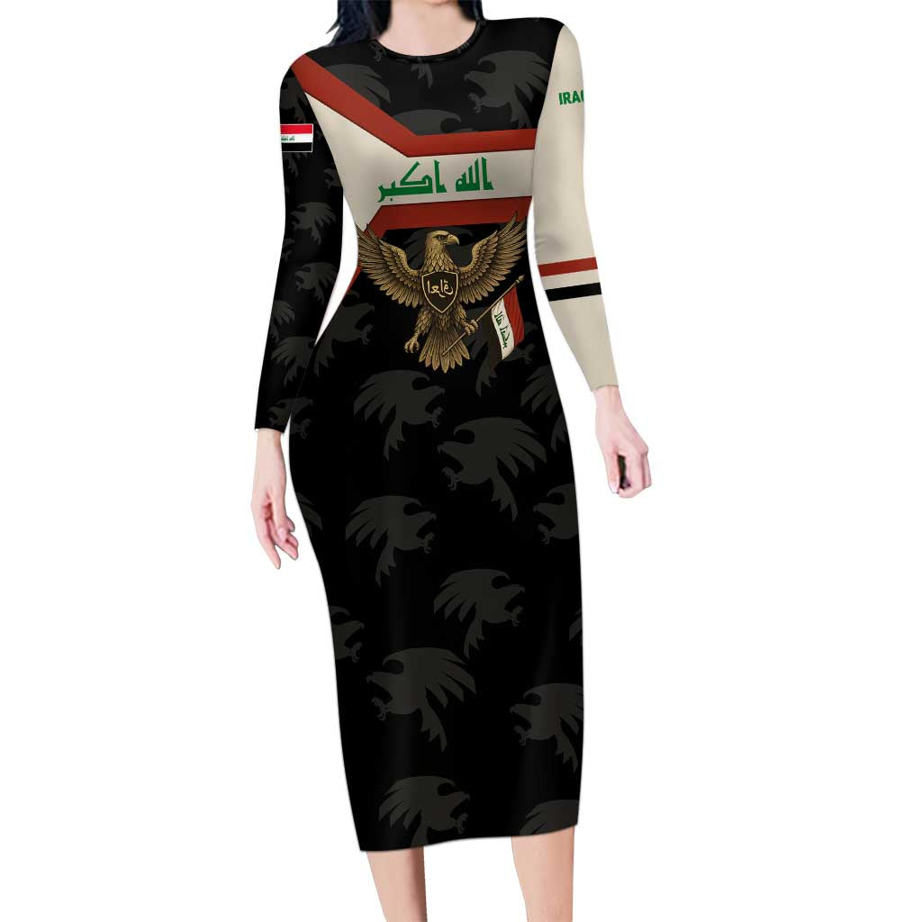 Iraq Golden Eagle Emblem Long Sleeve Bodycon Dress with Flag Stripes and National Arabic Script Design - Wonder Print Shop