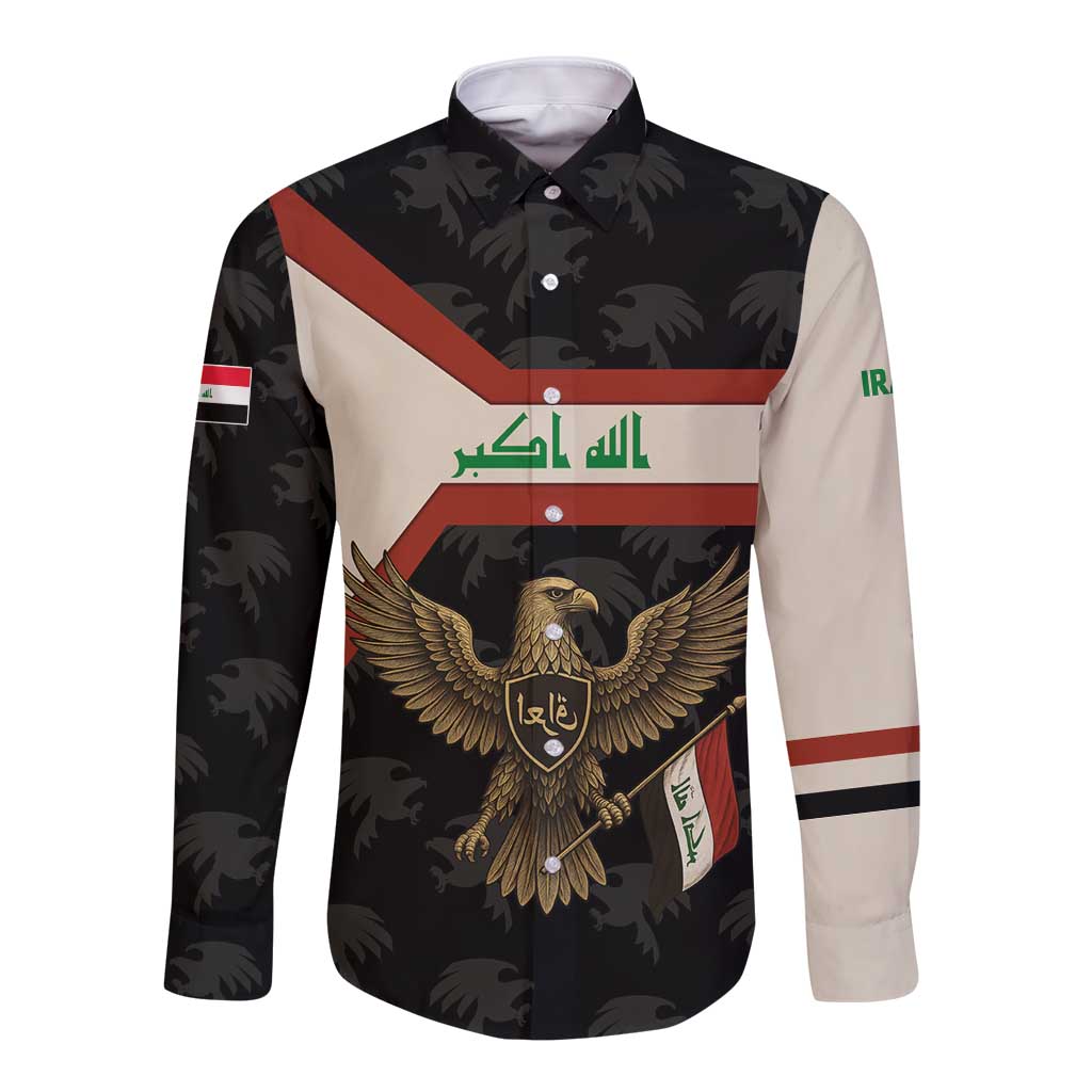 Iraq Golden Eagle Emblem Long Sleeve Button Shirt with Flag Stripes and National Arabic Script Design - Wonder Print Shop