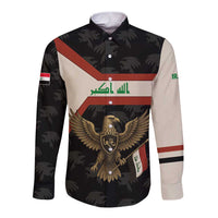 Iraq Golden Eagle Emblem Long Sleeve Button Shirt with Flag Stripes and National Arabic Script Design - Wonder Print Shop