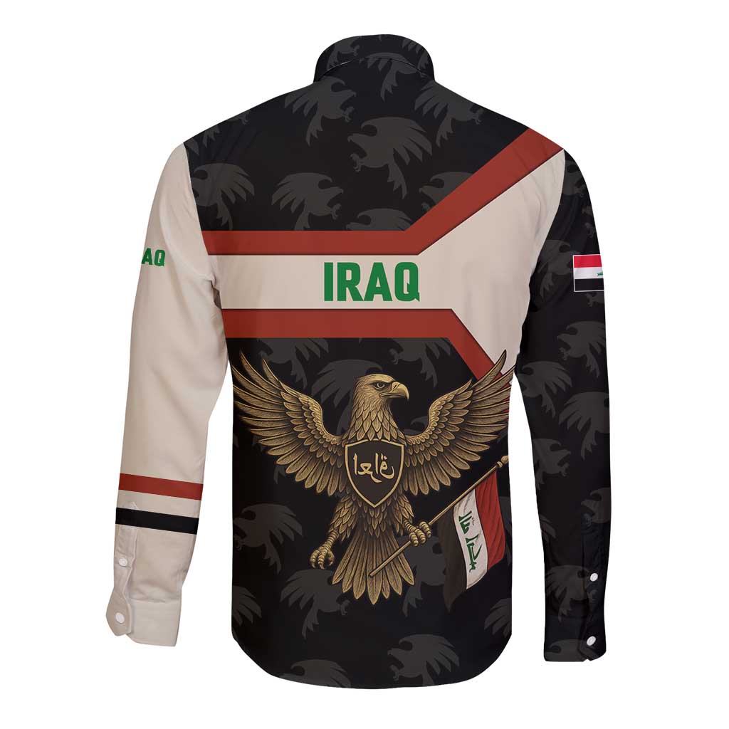 Iraq Golden Eagle Emblem Long Sleeve Button Shirt with Flag Stripes and National Arabic Script Design - Wonder Print Shop
