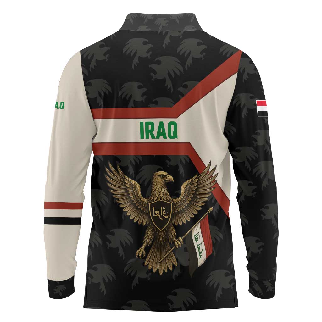 Iraq Golden Eagle Emblem Long Sleeve Polo Shirt with Flag Stripes and National Arabic Script Design - Wonder Print Shop