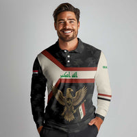 Iraq Golden Eagle Emblem Long Sleeve Polo Shirt with Flag Stripes and National Arabic Script Design - Wonder Print Shop