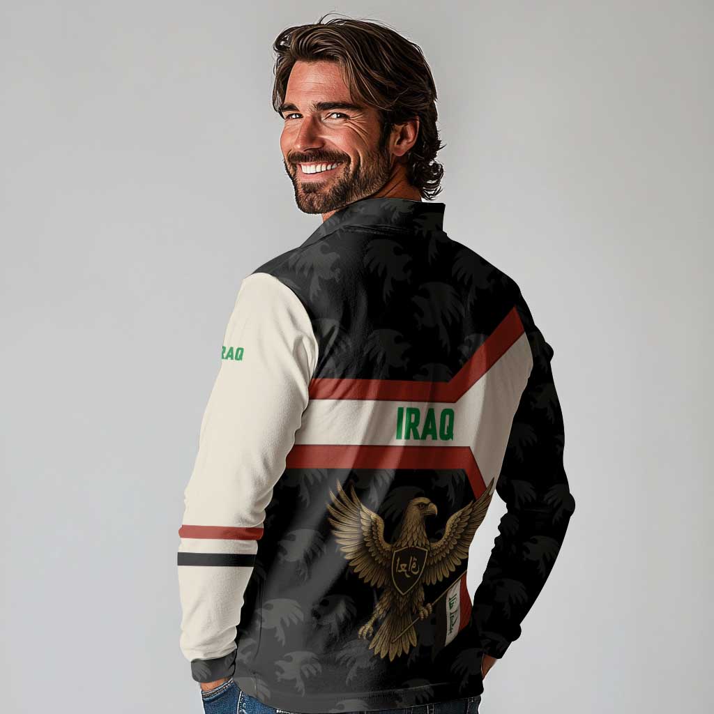 Iraq Golden Eagle Emblem Long Sleeve Polo Shirt with Flag Stripes and National Arabic Script Design - Wonder Print Shop