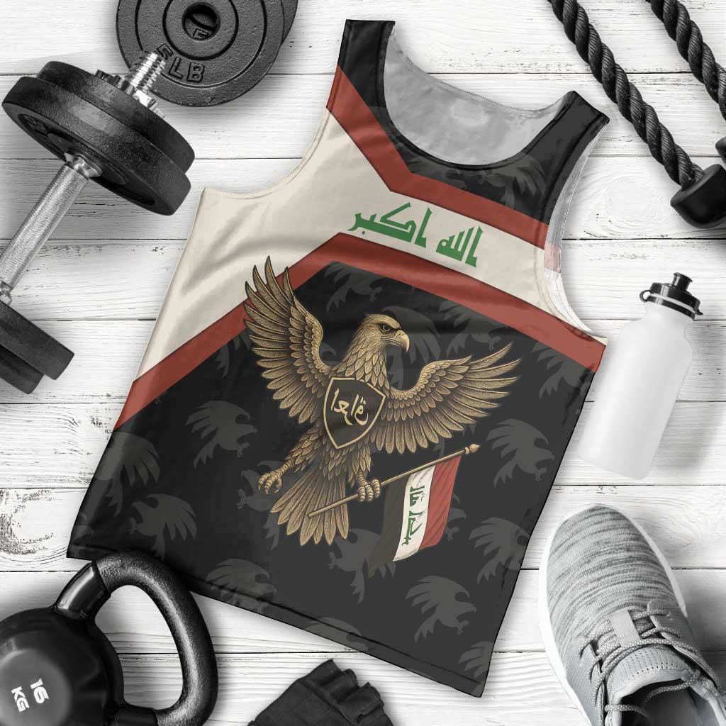 Iraq Golden Eagle Emblem Men Tank Top with Flag Stripes and National Arabic Script Design - Wonder Print Shop