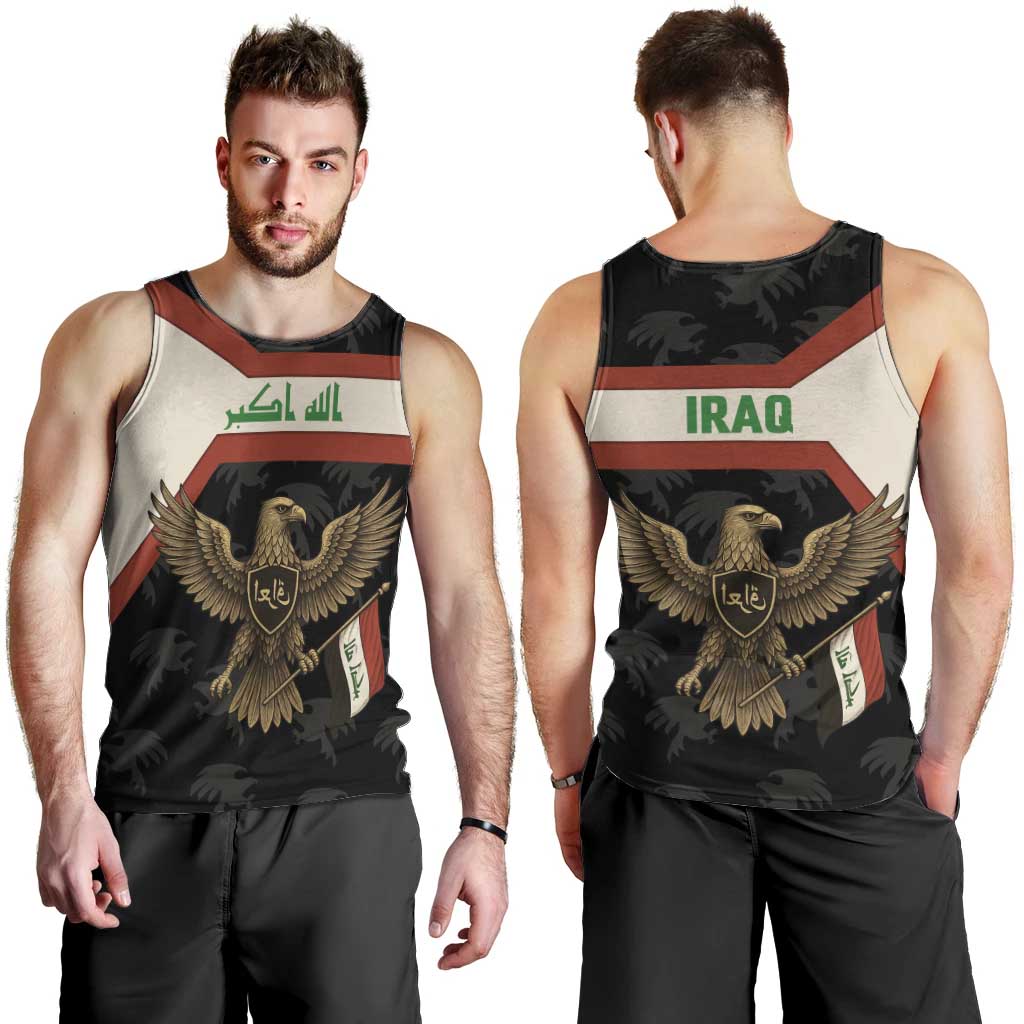 Iraq Golden Eagle Emblem Men Tank Top with Flag Stripes and National Arabic Script Design - Wonder Print Shop