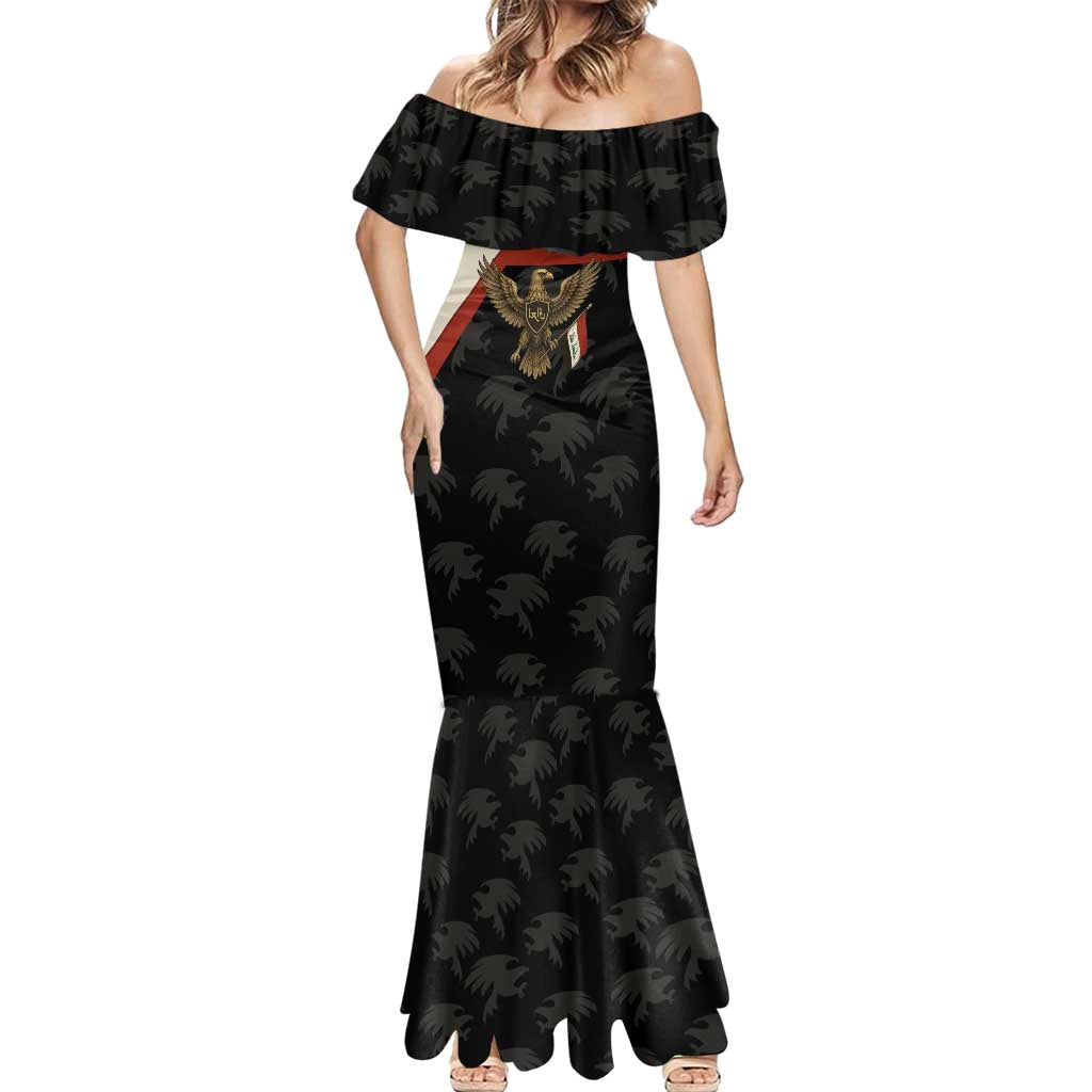 Iraq Golden Eagle Emblem Mermaid Dress with Flag Stripes and National Arabic Script Design - Wonder Print Shop