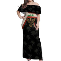 Iraq Golden Eagle Emblem Off Shoulder Maxi Dress with Flag Stripes and National Arabic Script Design - Wonder Print Shop