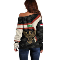 Iraq Golden Eagle Emblem Off Shoulder Sweater with Flag Stripes and National Arabic Script Design - Wonder Print Shop
