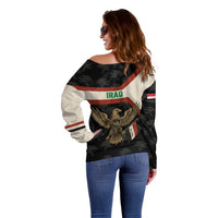 Iraq Golden Eagle Emblem Off Shoulder Sweater with Flag Stripes and National Arabic Script Design - Wonder Print Shop
