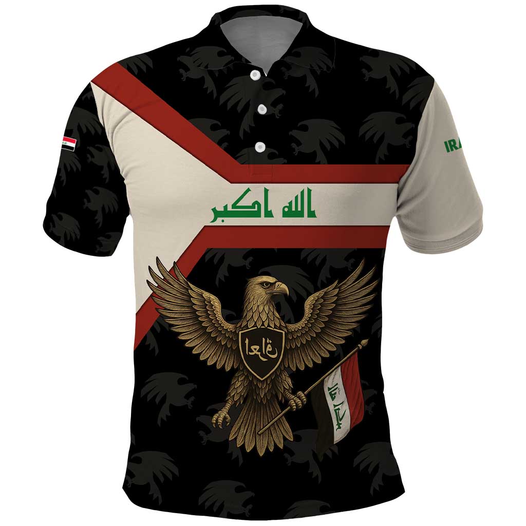 Iraq Golden Eagle Emblem Polo Shirt with Flag Stripes and National Arabic Script Design - Wonder Print Shop