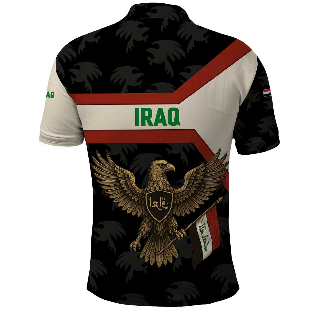Iraq Golden Eagle Emblem Polo Shirt with Flag Stripes and National Arabic Script Design - Wonder Print Shop