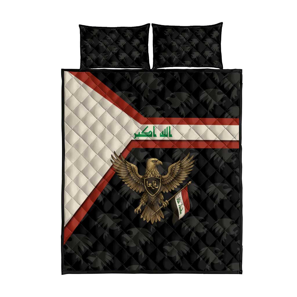 Iraq Golden Eagle Emblem Quilt Bed Set with Flag Stripes and National Arabic Script Design - Wonder Print Shop