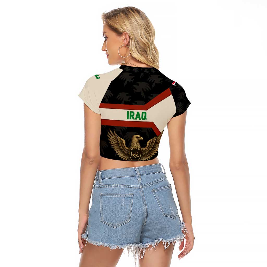 Iraq Golden Eagle Emblem Raglan Cropped T Shirt with Flag Stripes and National Arabic Script Design - Wonder Print Shop