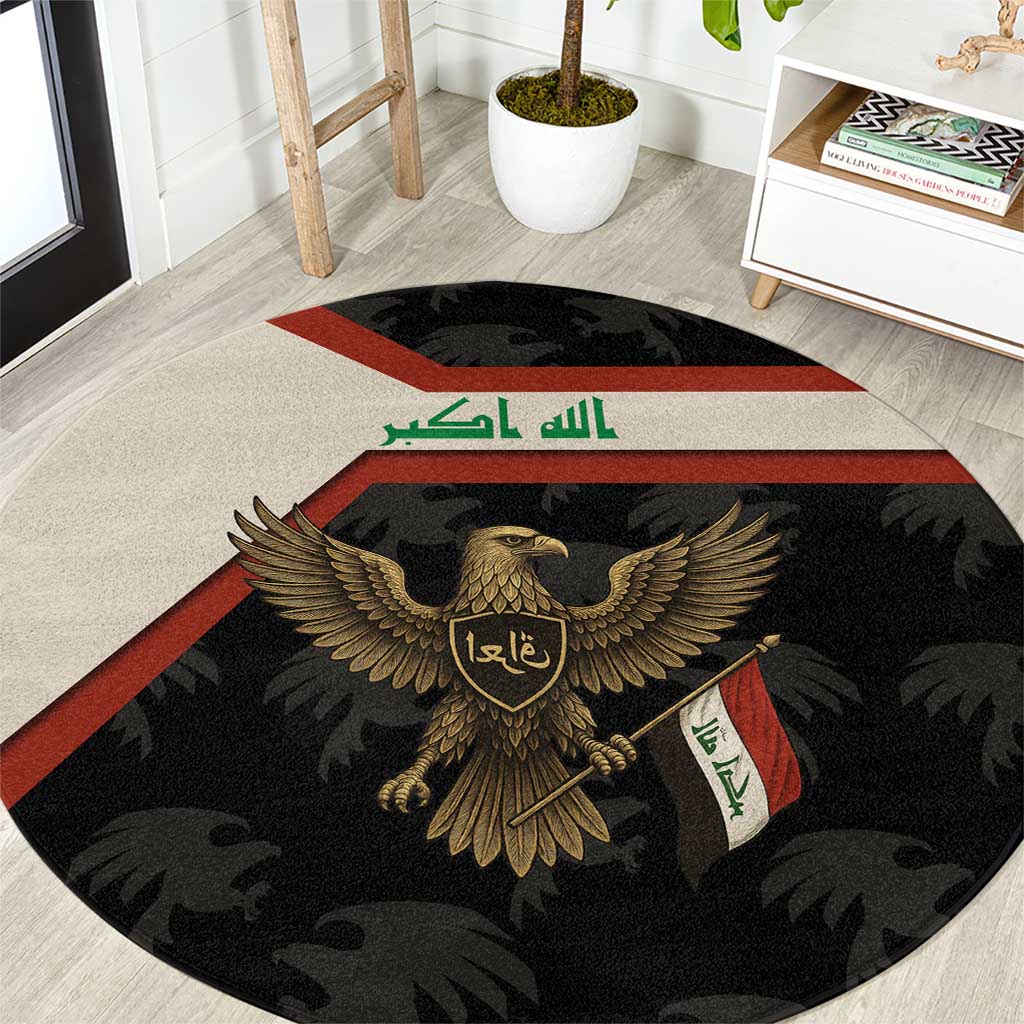 Iraq Golden Eagle Emblem Round Carpet with Flag Stripes and National Arabic Script Design - Wonder Print Shop
