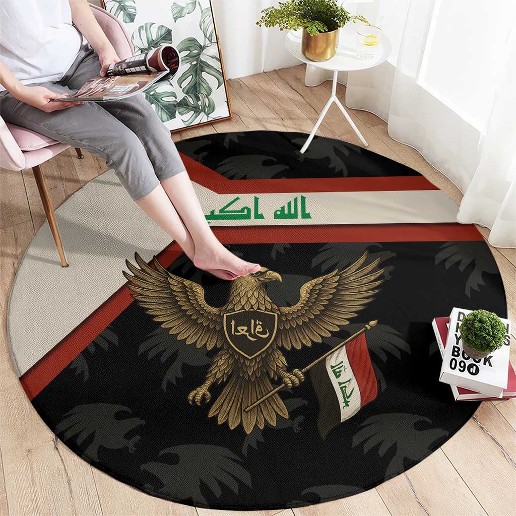 Iraq Golden Eagle Emblem Round Carpet with Flag Stripes and National Arabic Script Design - Wonder Print Shop