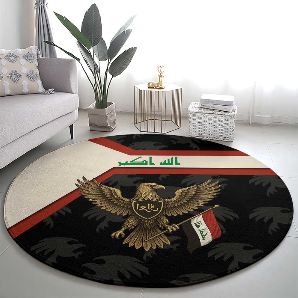 Iraq Golden Eagle Emblem Round Carpet with Flag Stripes and National Arabic Script Design - Wonder Print Shop