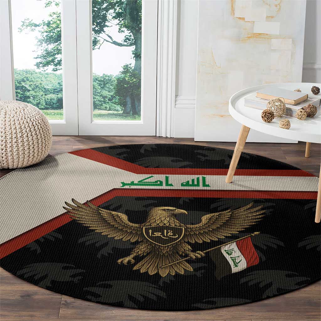 Iraq Golden Eagle Emblem Round Carpet with Flag Stripes and National Arabic Script Design - Wonder Print Shop