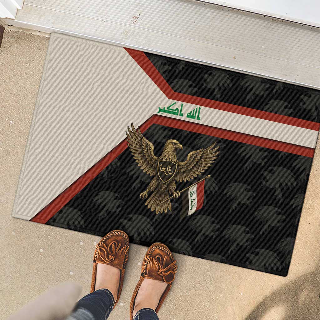 Iraq Golden Eagle Emblem Rubber Doormat with Flag Stripes and National Arabic Script Design - Wonder Print Shop