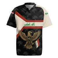 Iraq Golden Eagle Emblem Rugby Jersey with Flag Stripes and National Arabic Script Design - Wonder Print Shop