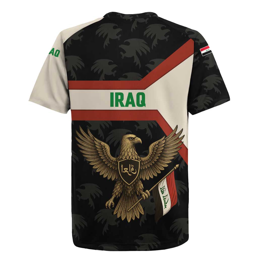 Iraq Golden Eagle Emblem Rugby Jersey with Flag Stripes and National Arabic Script Design - Wonder Print Shop