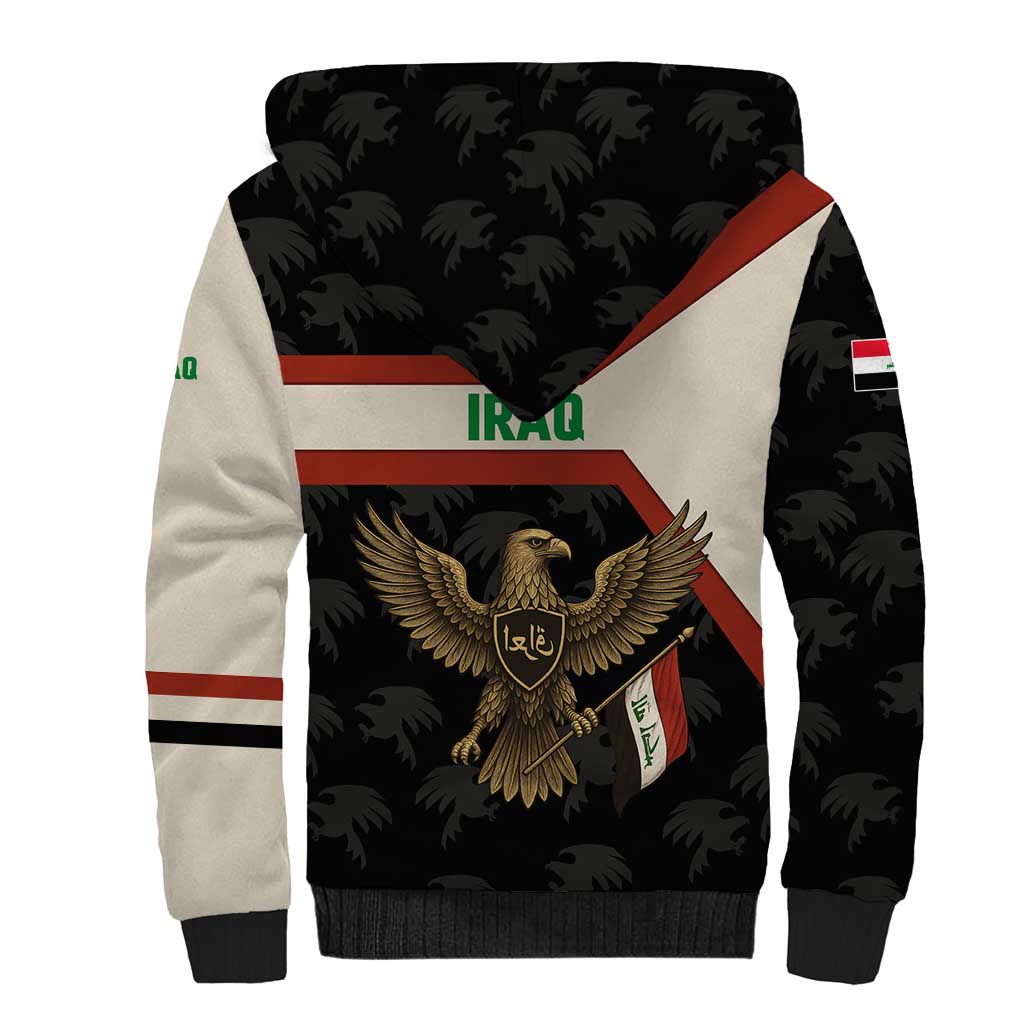 Iraq Golden Eagle Emblem Sherpa Hoodie with Flag Stripes and National Arabic Script Design - Wonder Print Shop