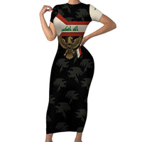 Iraq Golden Eagle Emblem Short Sleeve Bodycon Dress with Flag Stripes and National Arabic Script Design - Wonder Print Shop