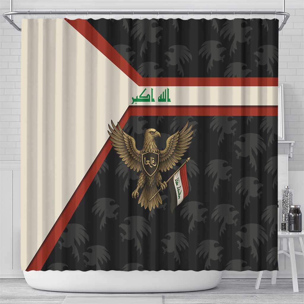 Iraq Golden Eagle Emblem Shower Curtain with Flag Stripes and National Arabic Script Design - Wonder Print Shop