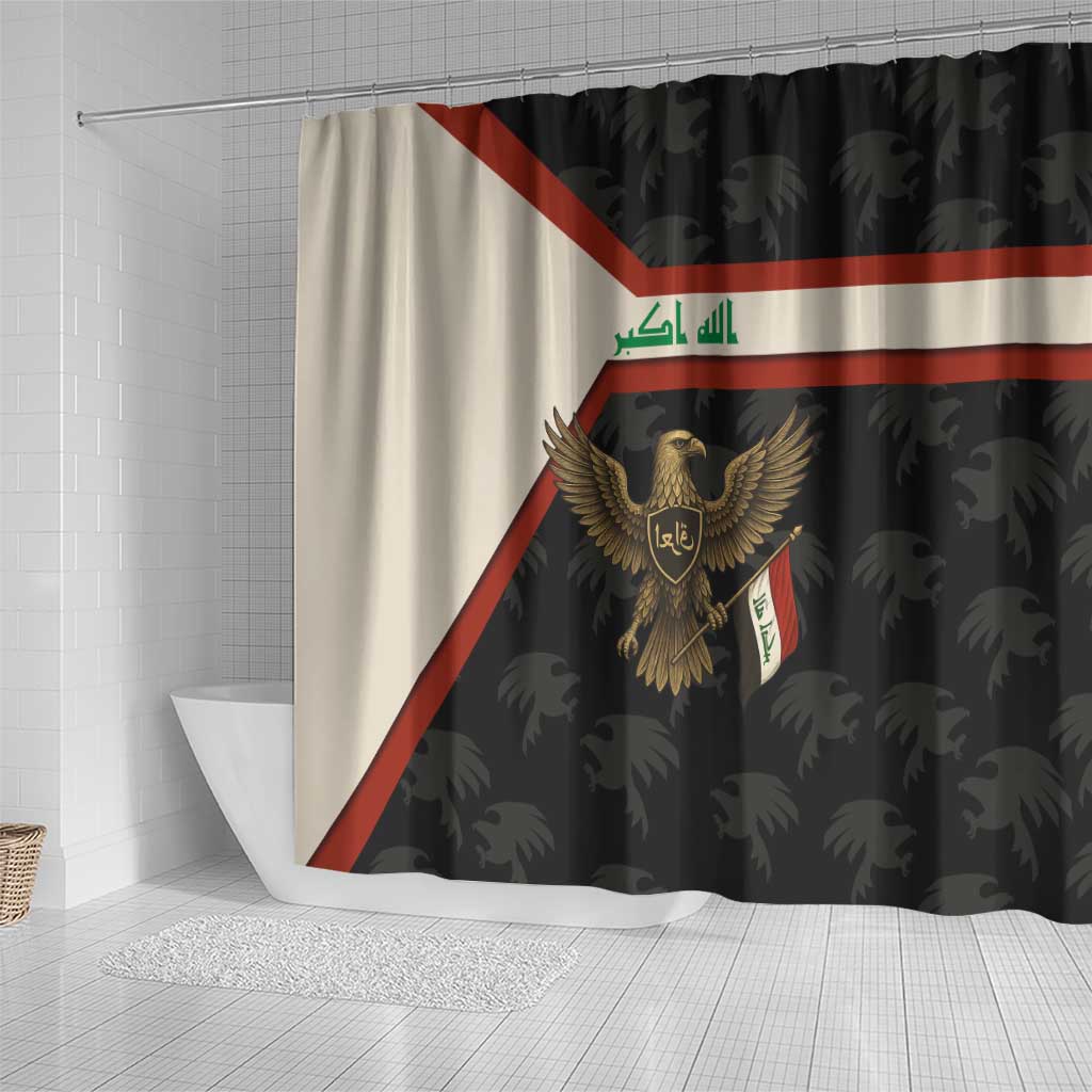 Iraq Golden Eagle Emblem Shower Curtain with Flag Stripes and National Arabic Script Design - Wonder Print Shop