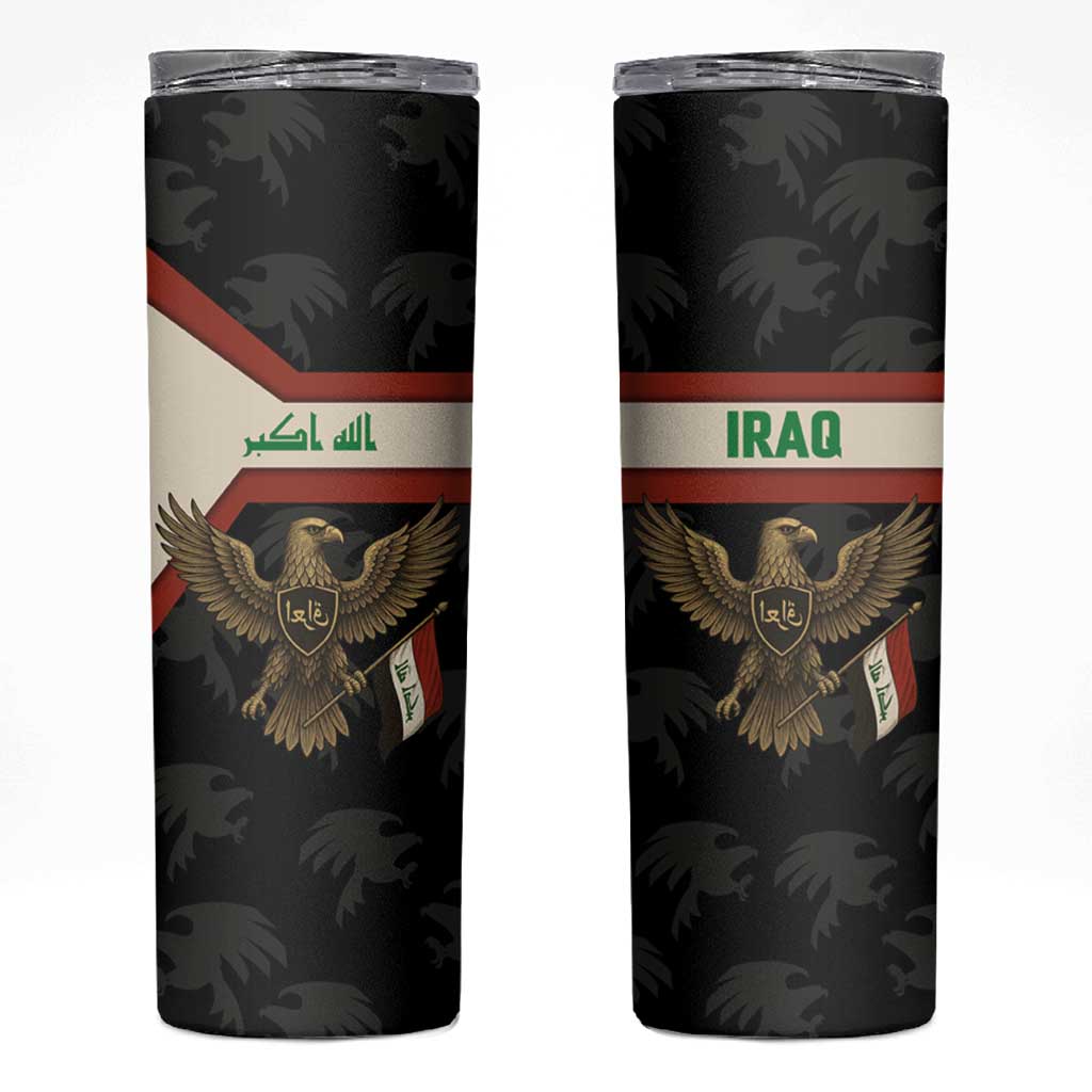 Iraq Golden Eagle Emblem Skinny Tumbler with Flag Stripes and National Arabic Script Design - Wonder Print Shop