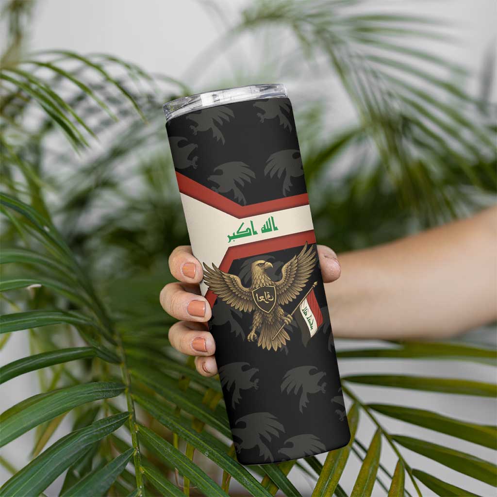 Iraq Golden Eagle Emblem Skinny Tumbler with Flag Stripes and National Arabic Script Design - Wonder Print Shop