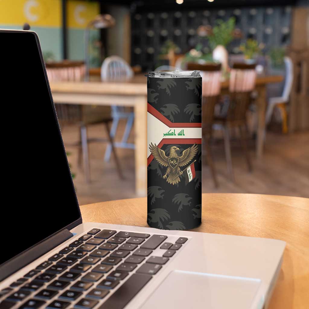 Iraq Golden Eagle Emblem Skinny Tumbler with Flag Stripes and National Arabic Script Design - Wonder Print Shop