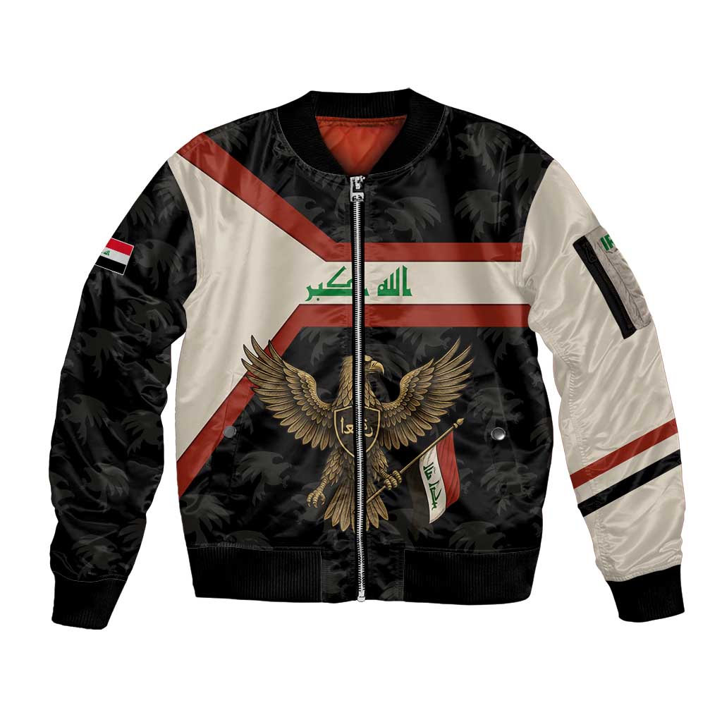 Iraq Golden Eagle Emblem Sleeve Zip Bomber Jacket with Flag Stripes and National Arabic Script Design - Wonder Print Shop