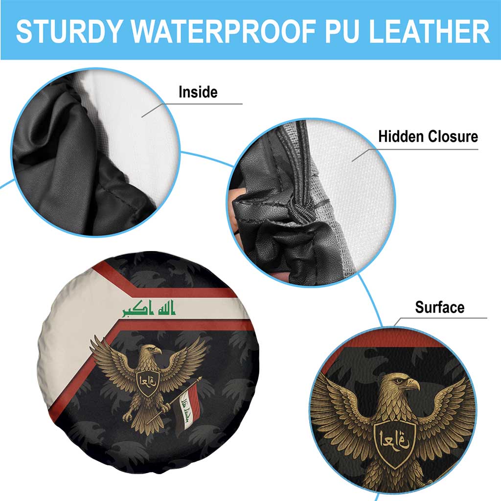 Iraq Golden Eagle Emblem Spare Tire Cover with Flag Stripes and National Arabic Script Design - Wonder Print Shop