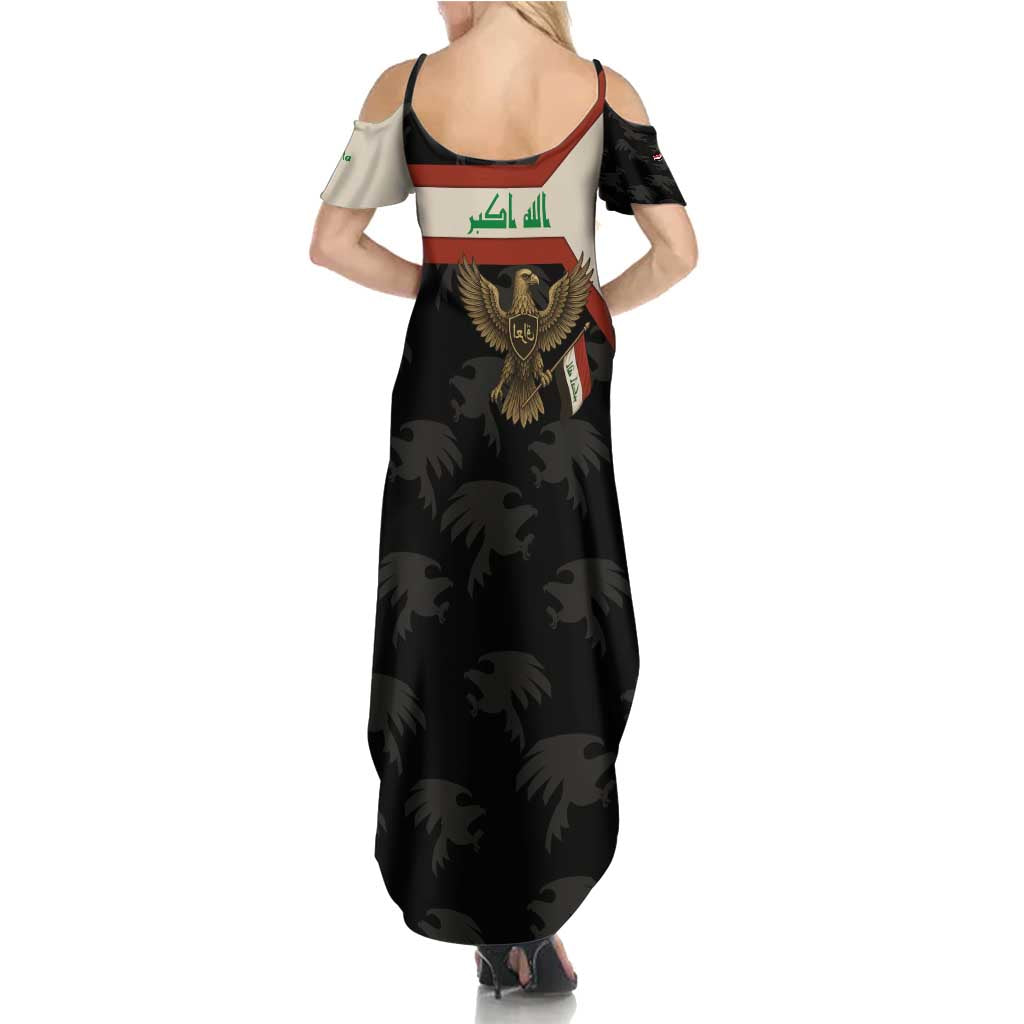 Iraq Golden Eagle Emblem Summer Maxi Dress with Flag Stripes and National Arabic Script Design - Wonder Print Shop