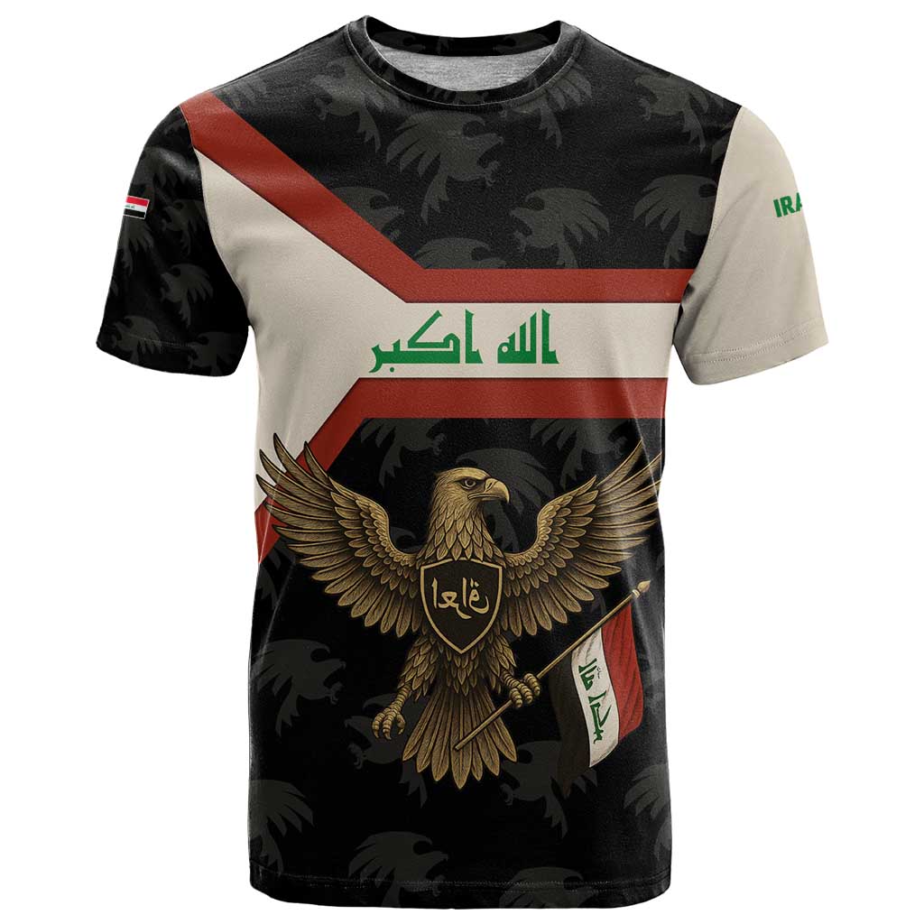 Iraq Golden Eagle Emblem T Shirt with Flag Stripes and National Arabic Script Design - Wonder Print Shop