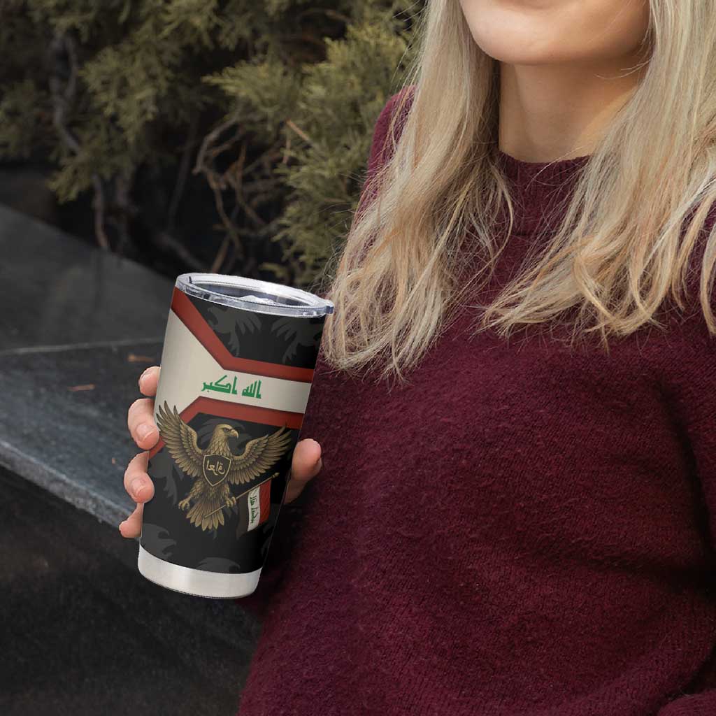 Iraq Golden Eagle Emblem Tumbler Cup with Flag Stripes and National Arabic Script Design - Wonder Print Shop