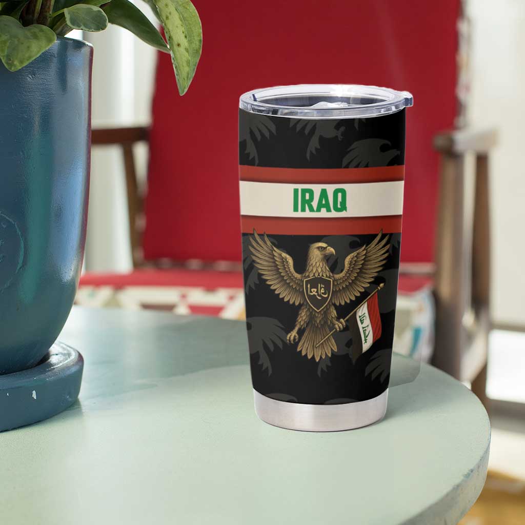 Iraq Golden Eagle Emblem Tumbler Cup with Flag Stripes and National Arabic Script Design - Wonder Print Shop
