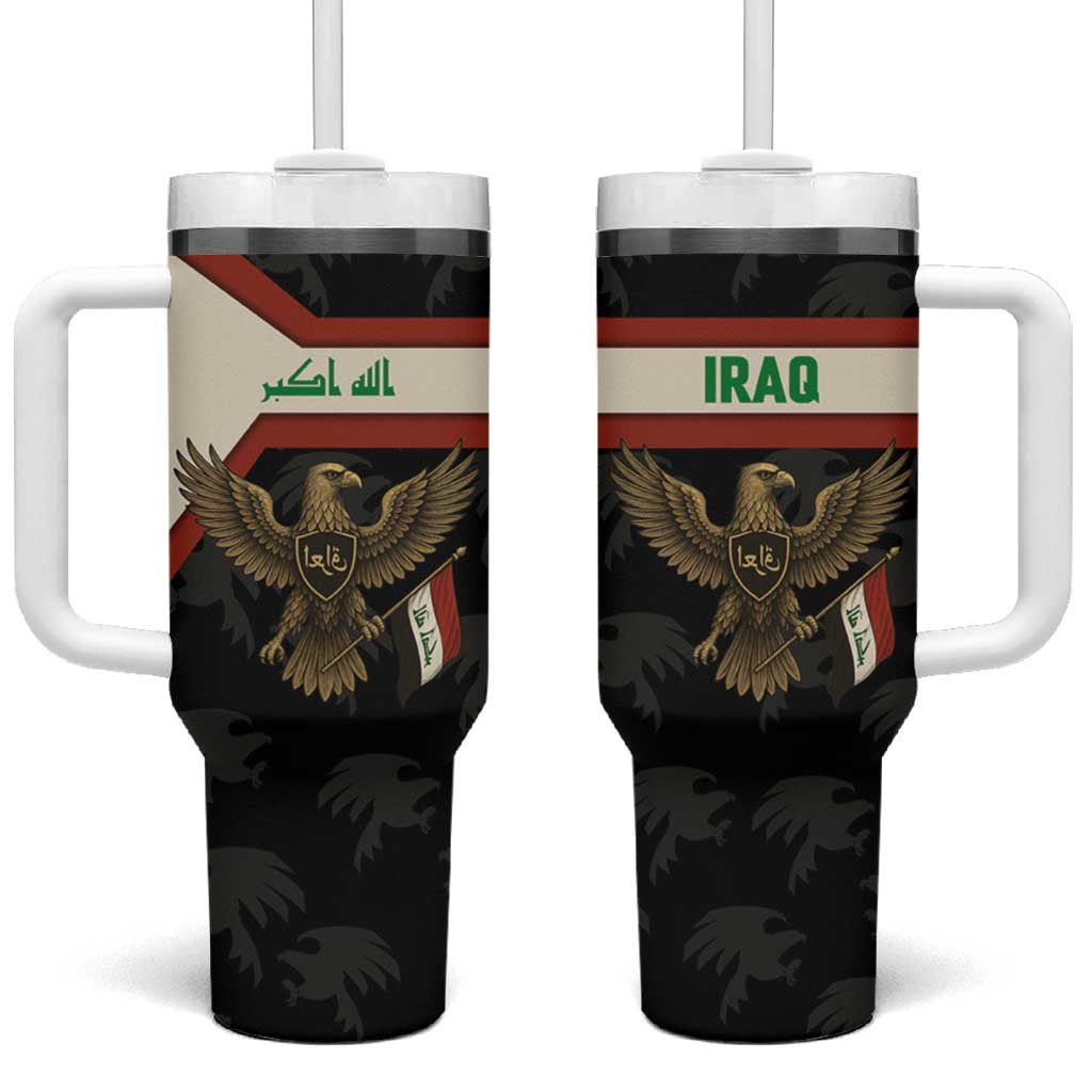 Iraq Golden Eagle Emblem Tumbler With Handle with Flag Stripes and National Arabic Script Design - Wonder Print Shop