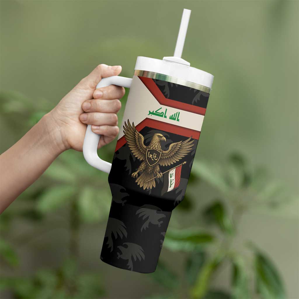 Iraq Golden Eagle Emblem Tumbler With Handle with Flag Stripes and National Arabic Script Design - Wonder Print Shop