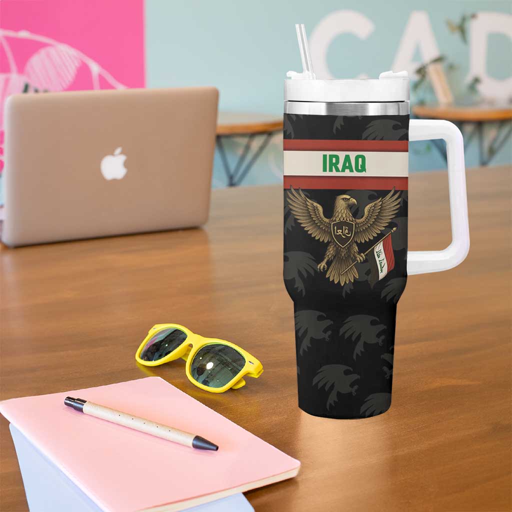Iraq Golden Eagle Emblem Tumbler With Handle with Flag Stripes and National Arabic Script Design - Wonder Print Shop