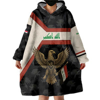 Iraq Golden Eagle Emblem Wearable Blanket Hoodie with Flag Stripes and National Arabic Script Design - Wonder Print Shop